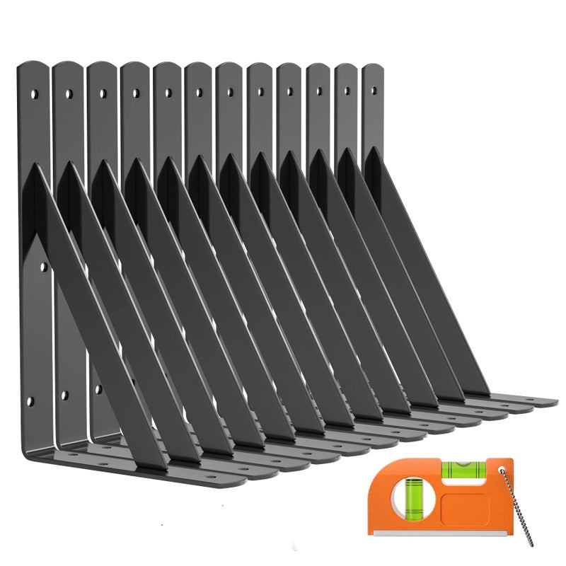 LuckIn 12-Pack Heavy Duty Shelf Bracket, 10 Inch Wall Shelf Brackets Fit for 10 12 Inch Floating Shelves, 90 Degree Triangle, 250 LBS Max Load, Mounting Hardware Included, Black - Image 1